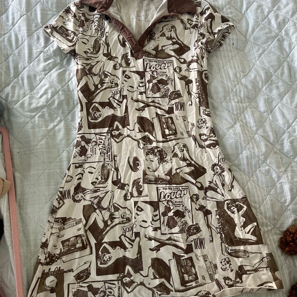 Urban Outfitters Graphic Print Mini Dress - Brown and Cream